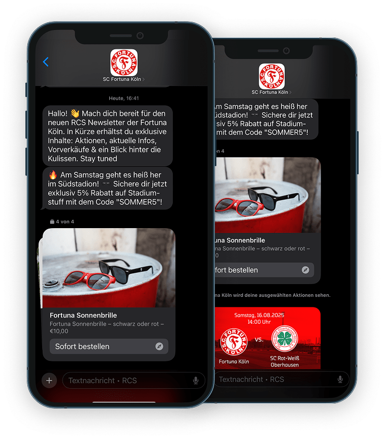 RCs bei fortuna Köln auf dem Handy mit angeboten und Kaufmäglichkeit für Fans direkt in der Nachrichten App